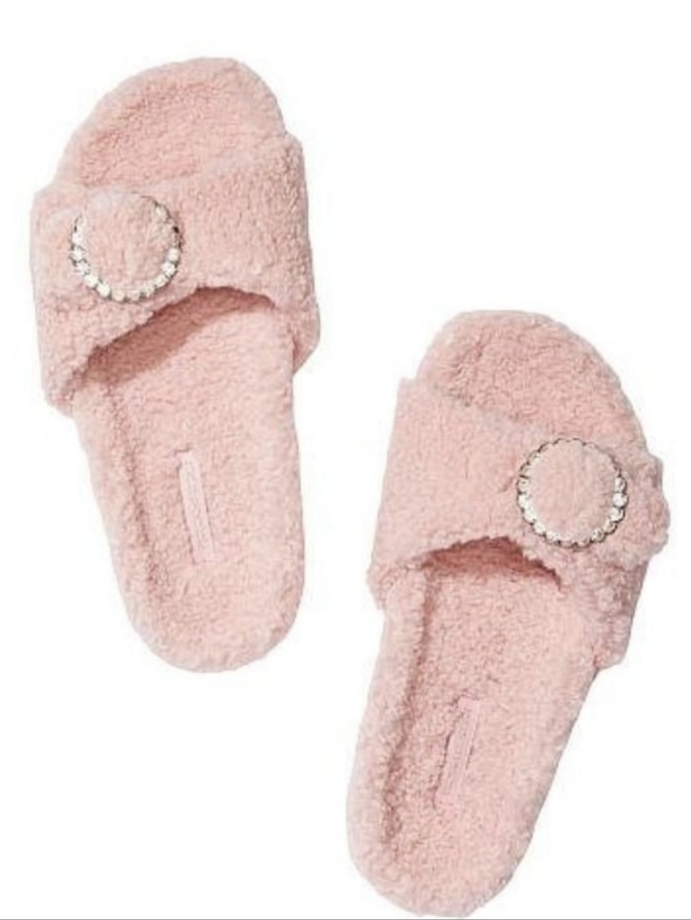 New Victoria's Secret Sherpa Fur Pink Slippers Slides With Rhinestone Accent
